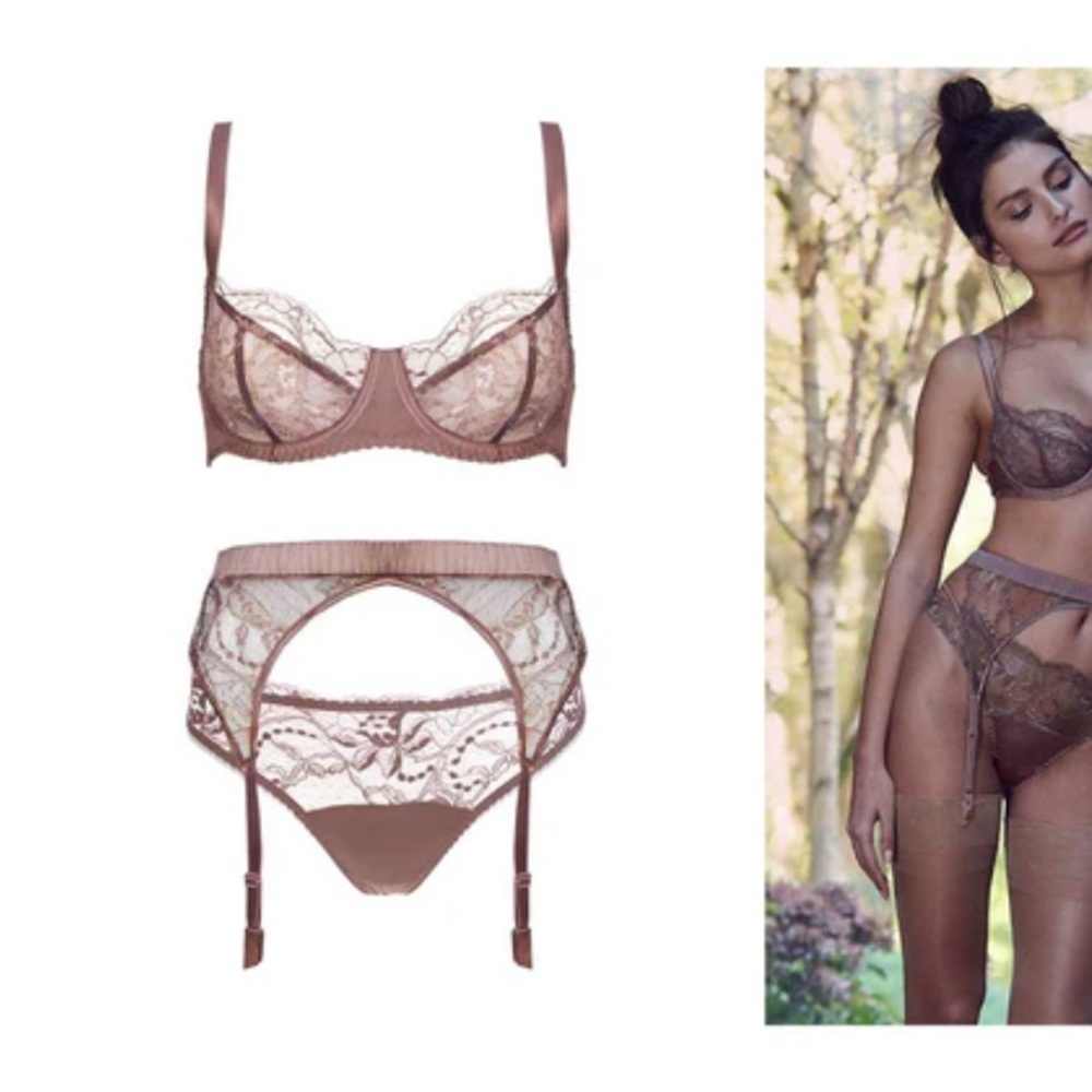 Fleur of England Silk Bra & Suspender Belt Set in Mink / Small 32C